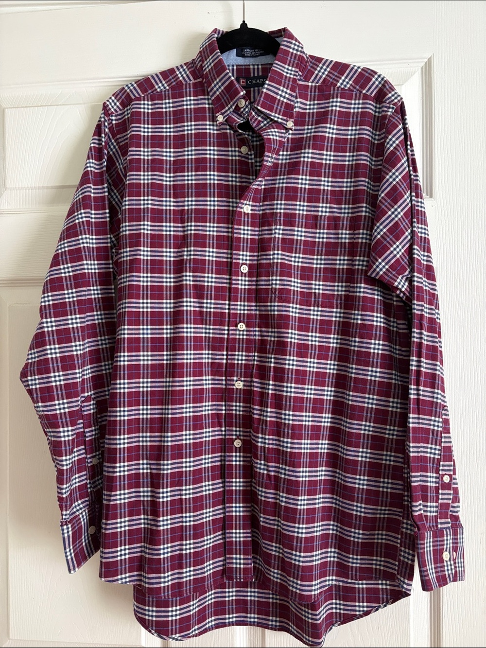 Chaps Wrinkle Free Button Down Burgundy Navy Oxford Long Sleeve Shirt